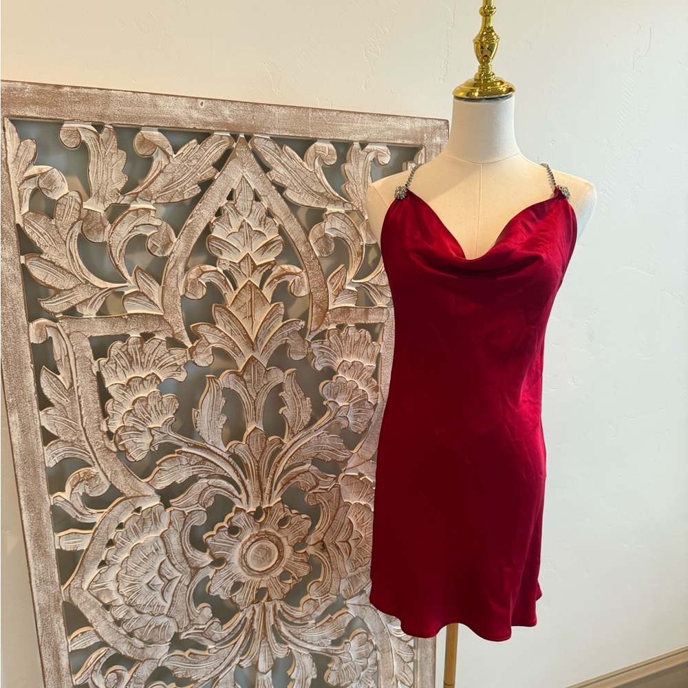 Ruby Red Satin Mini Dress w/ Rhinestone Straps – Luxe & Daring